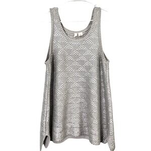 Moth‎ Metallic Silver Knit Tank Top Women M Scoop Neck Diamond Pointelle Slits